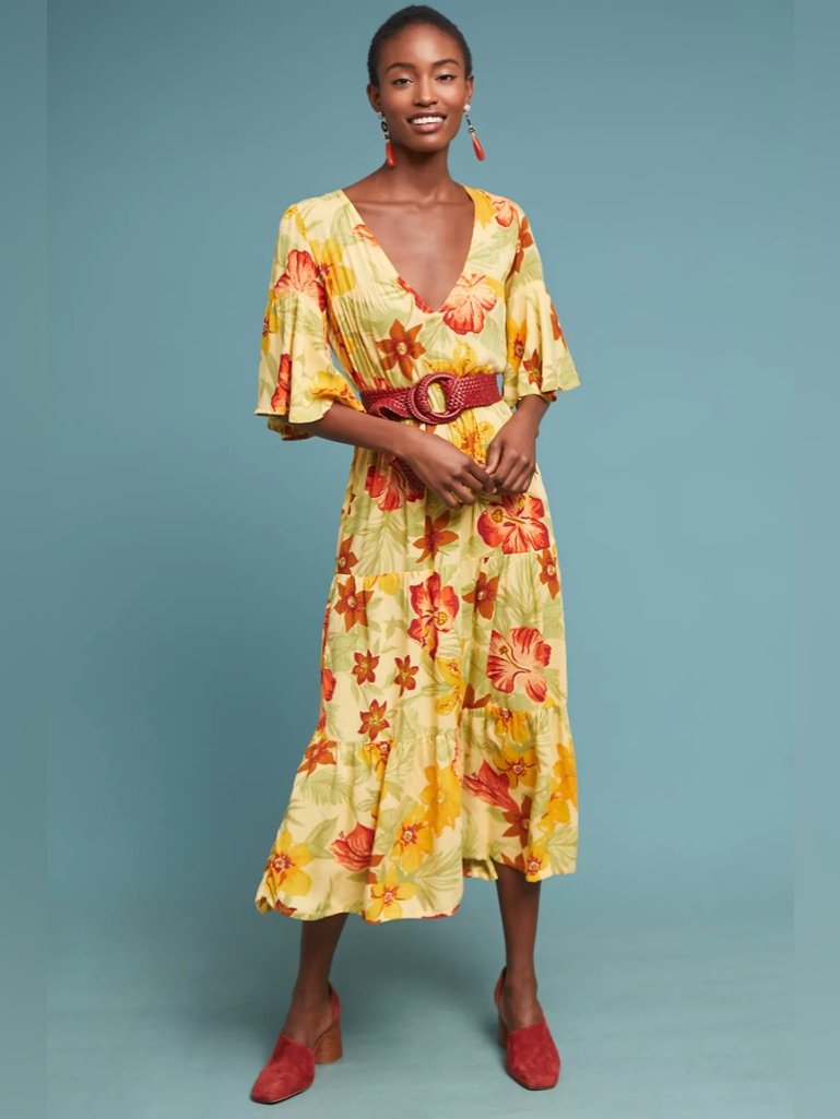 Nwt Faithfull The Brand Rios Floral Midi Dress Yellow Gold Red L Large